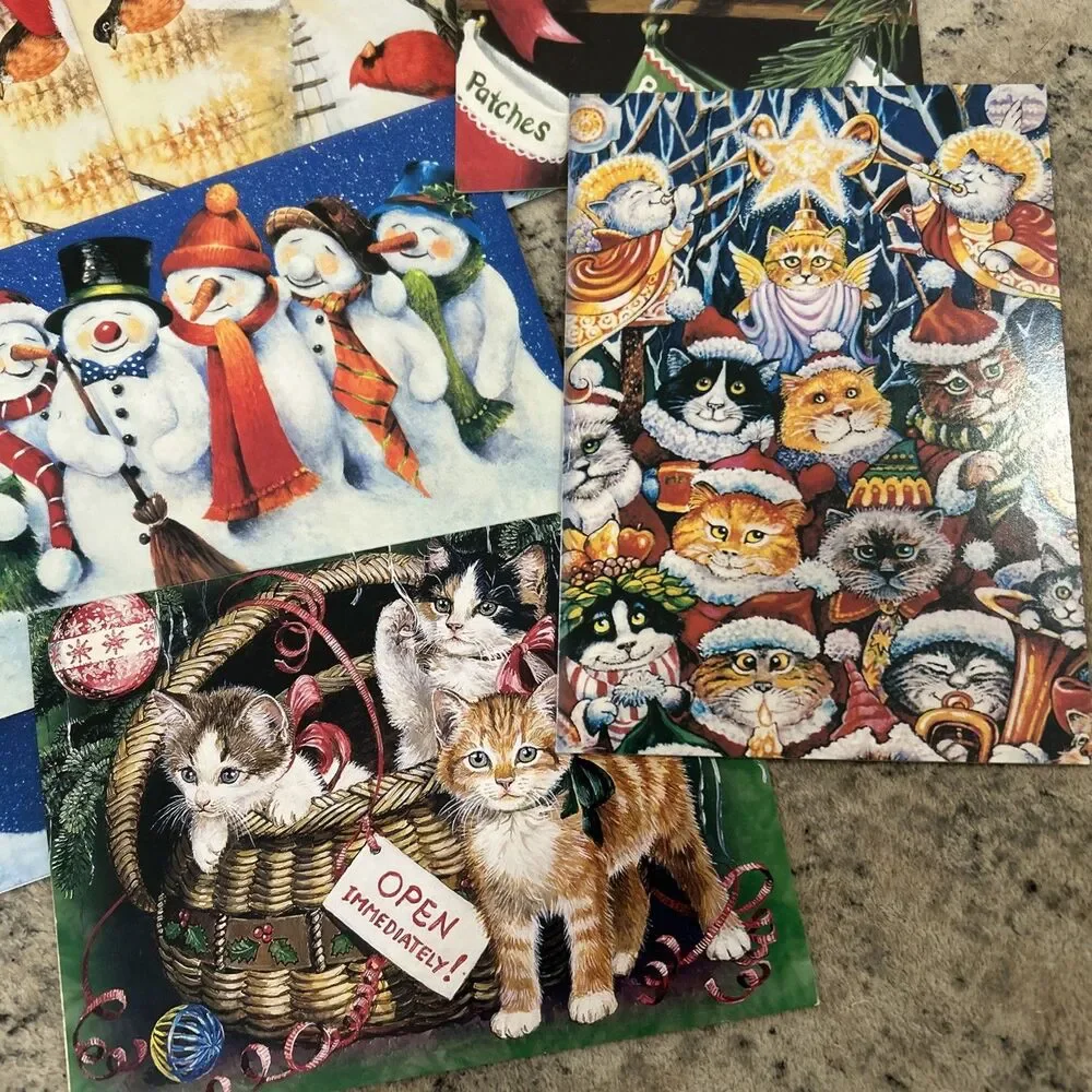 Christmas Mixed Tree-Free Greeting Cards Set Of 14 NO Envelopes Snowmen Kittens